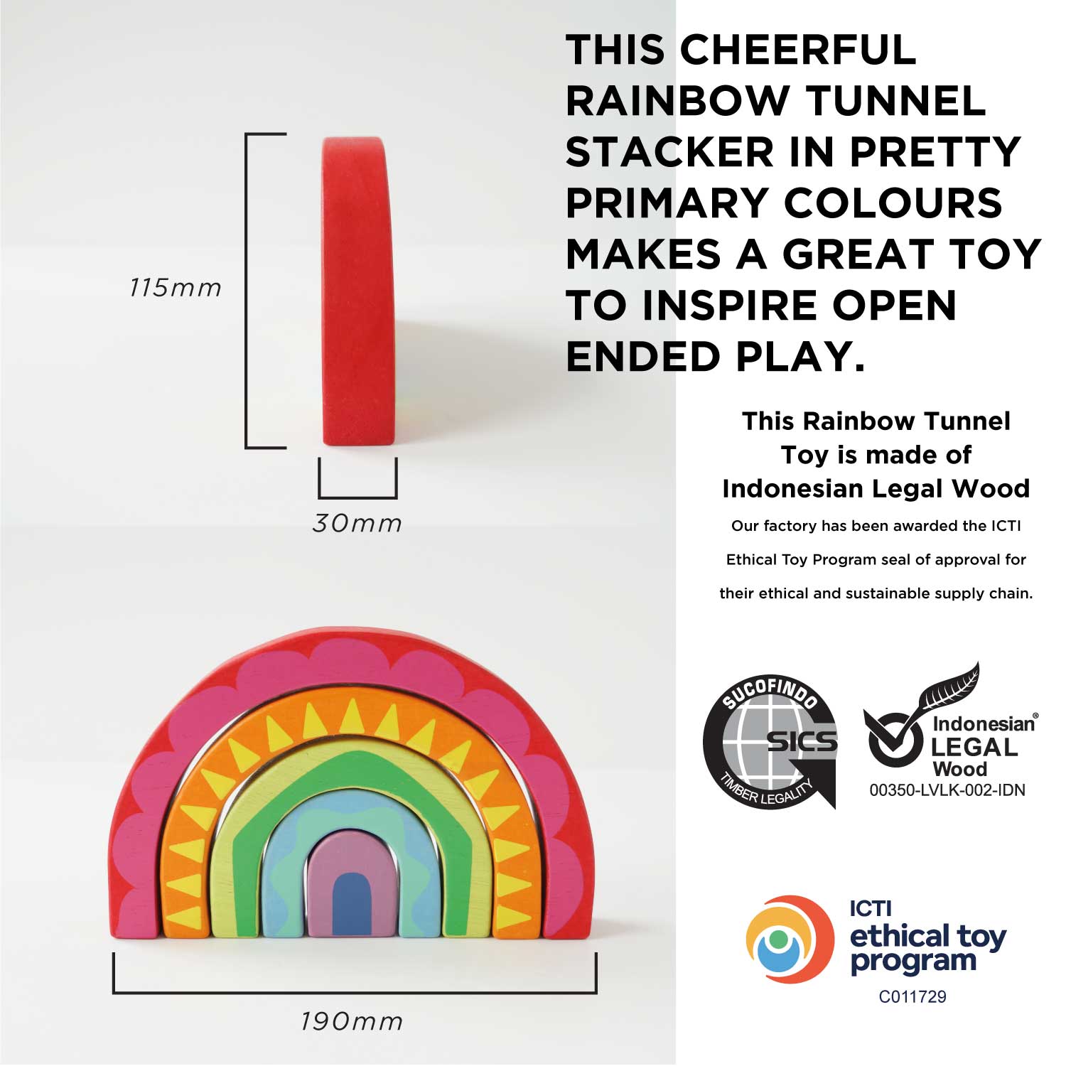 Rainbow tunnel stacker toy with dimensions and certification logos on a white background