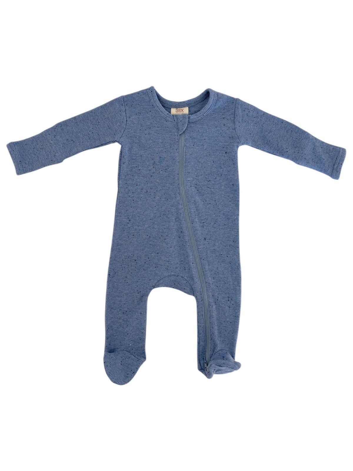 Blue baby onesie with a zipper on a white background