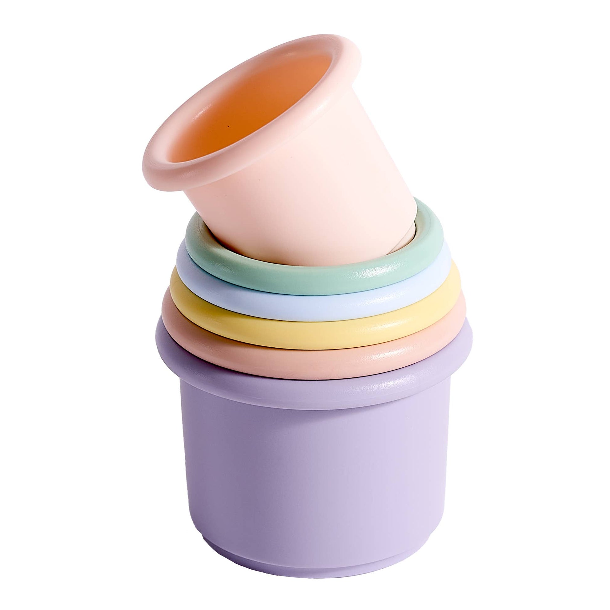 Stack of colorful plastic cups on a white background