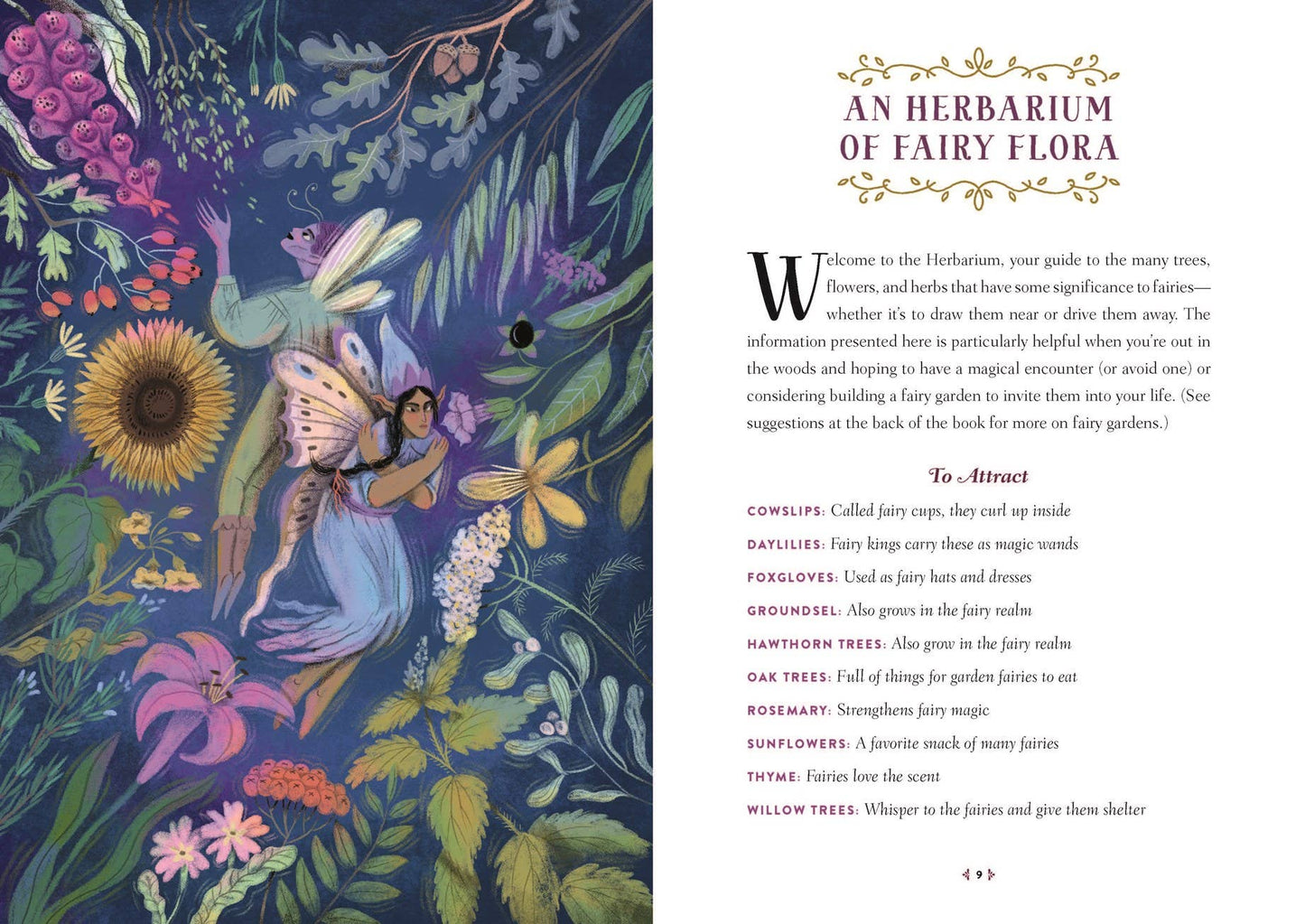 An open book spread showing a whimsical fantasy illustration on the left page and printed text on the right page. The artwork features a dense forest of colorful trees and flowers with butterflies and bees, and the title 'An Herbarium of Fairy Flora' appears at the top.