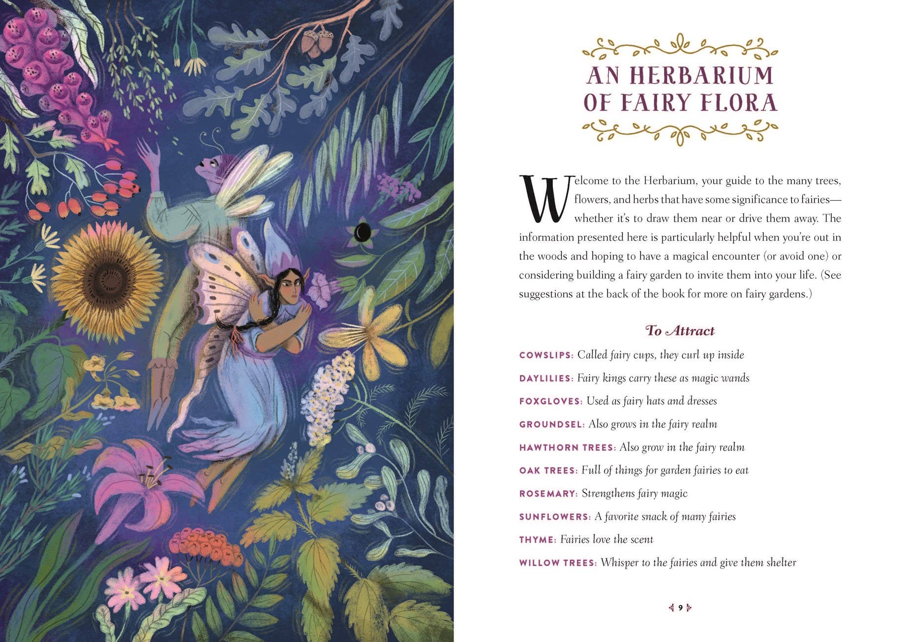 An open book spread showing a whimsical fantasy illustration on the left page and printed text on the right page. The artwork features a dense forest of colorful trees and flowers with butterflies and bees, and the title 'An Herbarium of Fairy Flora' appears at the top.