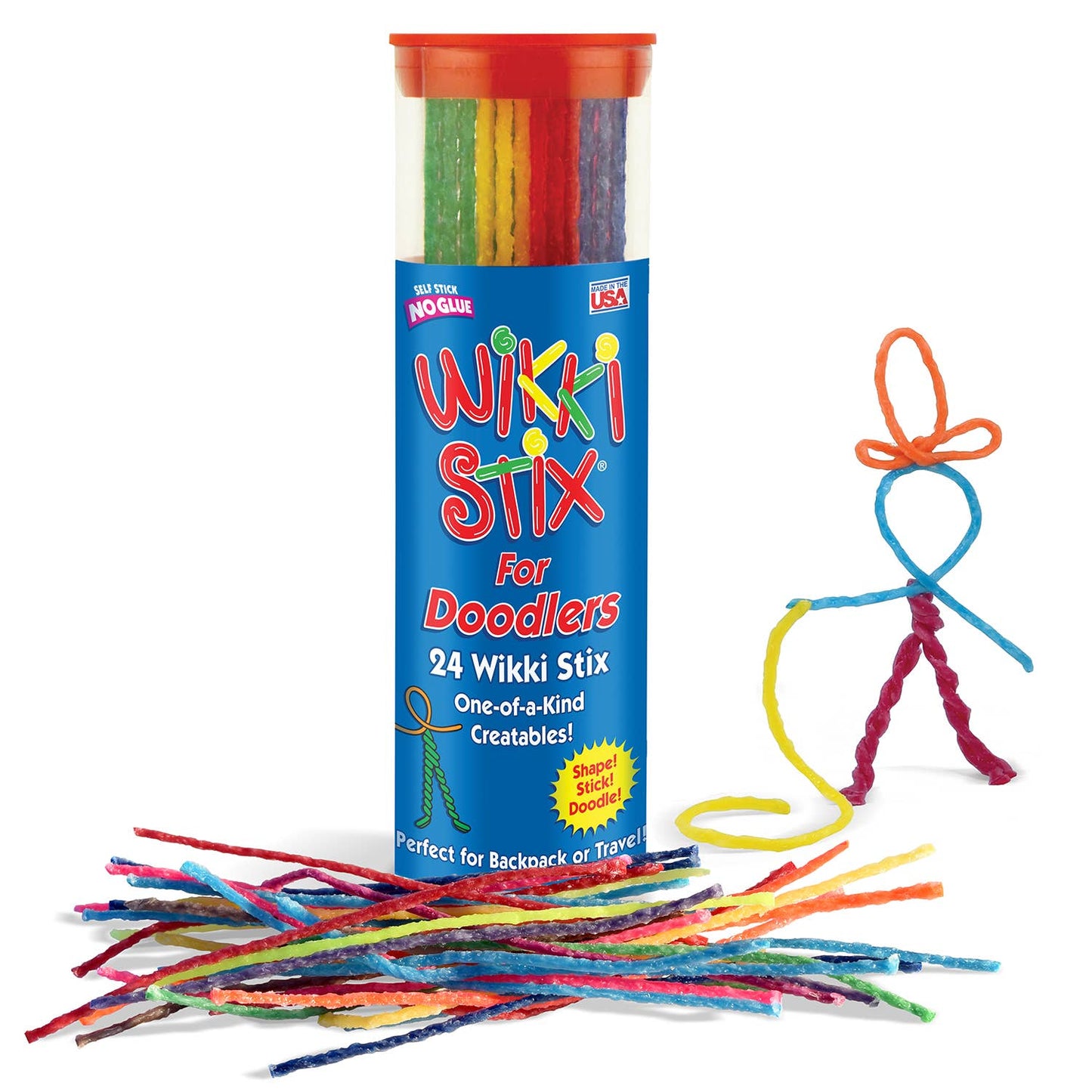 Tube of Wikki Stix for Doodlers with colorful sticks and a stick figure made from them on a white background.