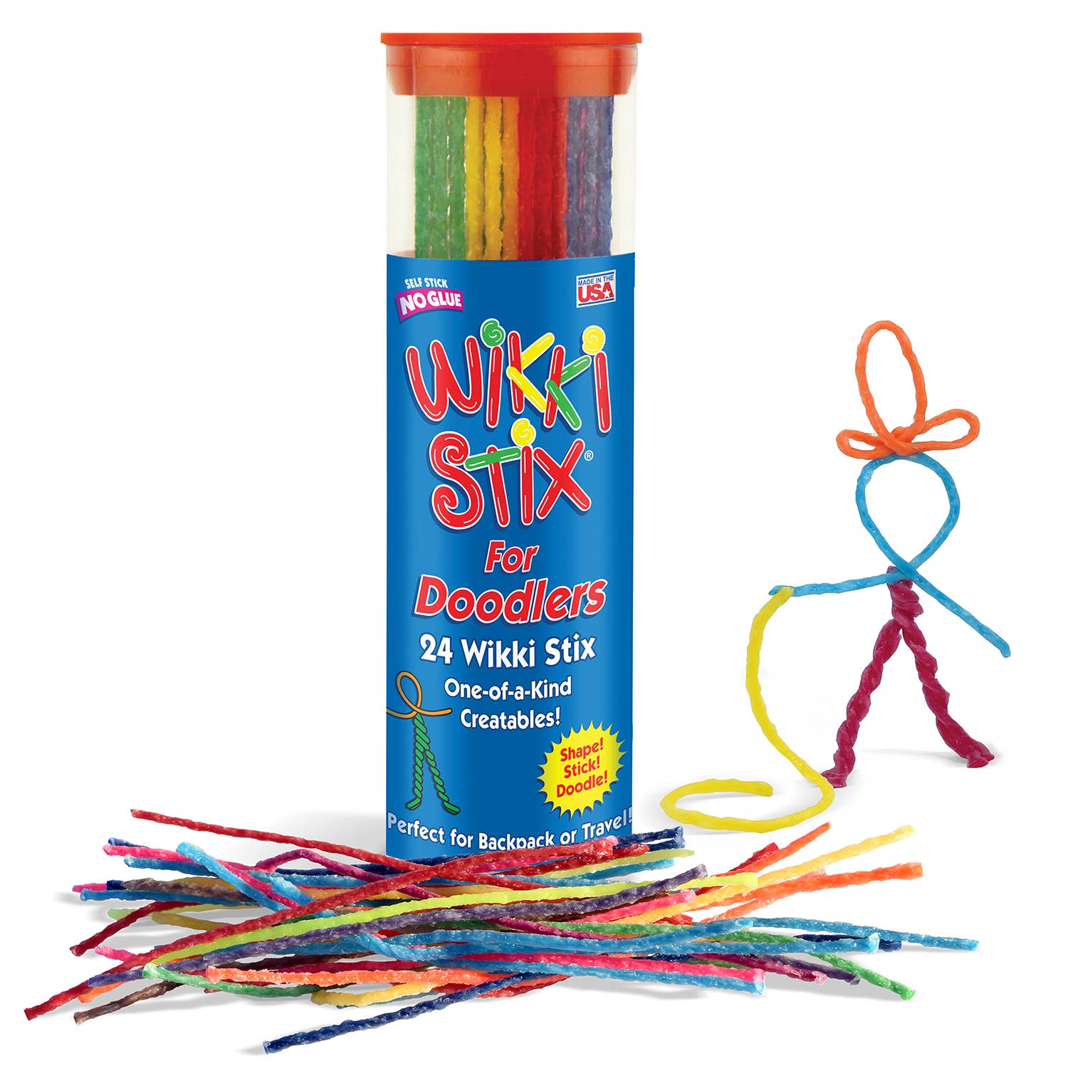 Tube of Wikki Stix for Doodlers with colorful sticks and a stick figure made from them on a white background.