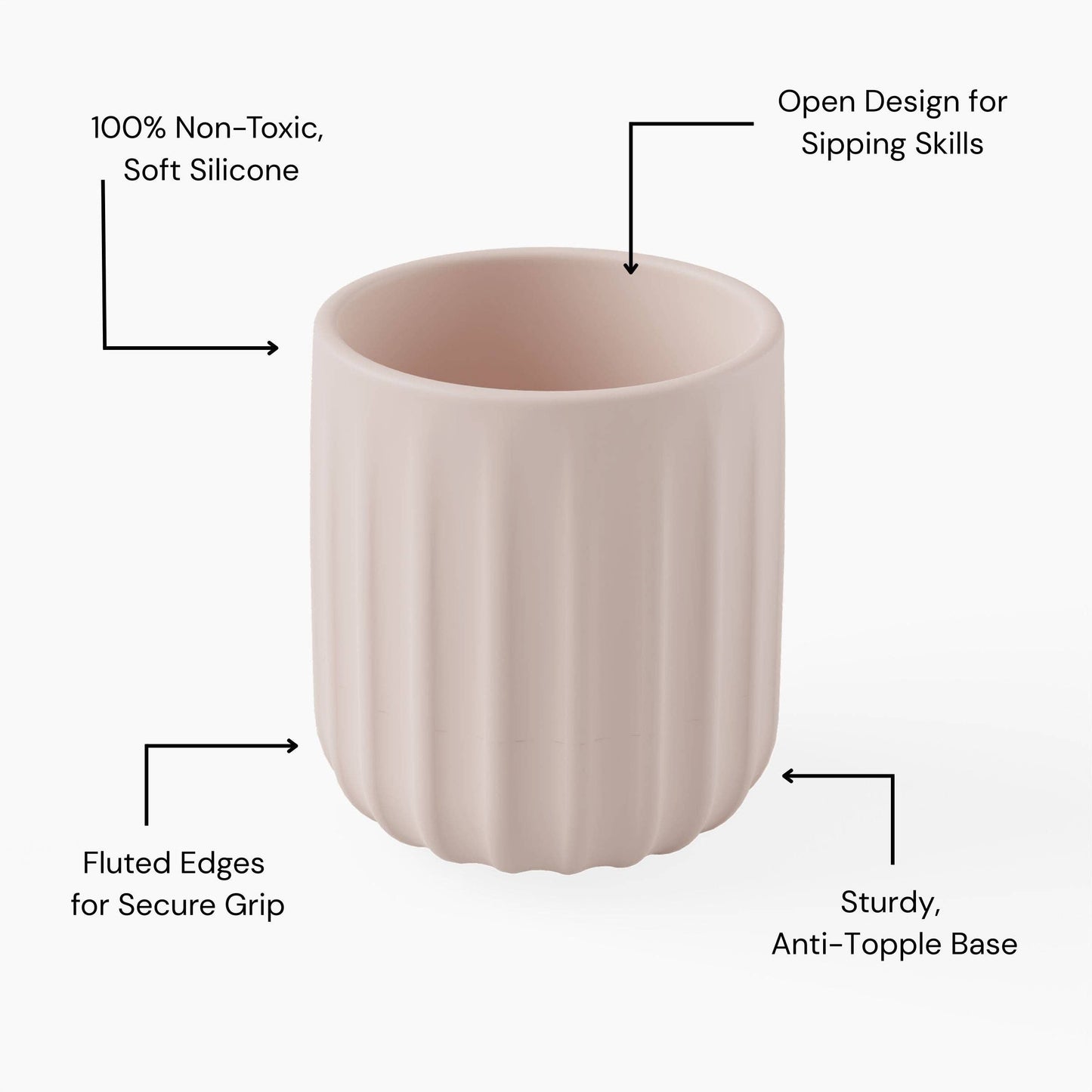 Light pink silicone cup with features labeled on a white background