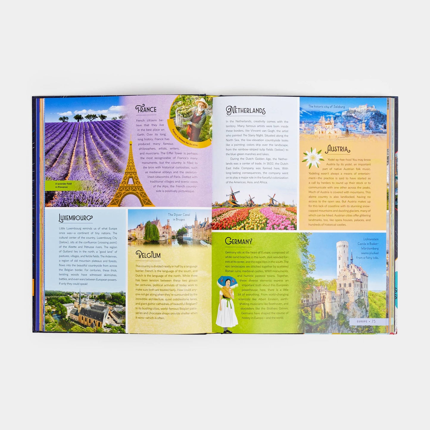 Open book with travel-themed pages featuring images and text of various countries.