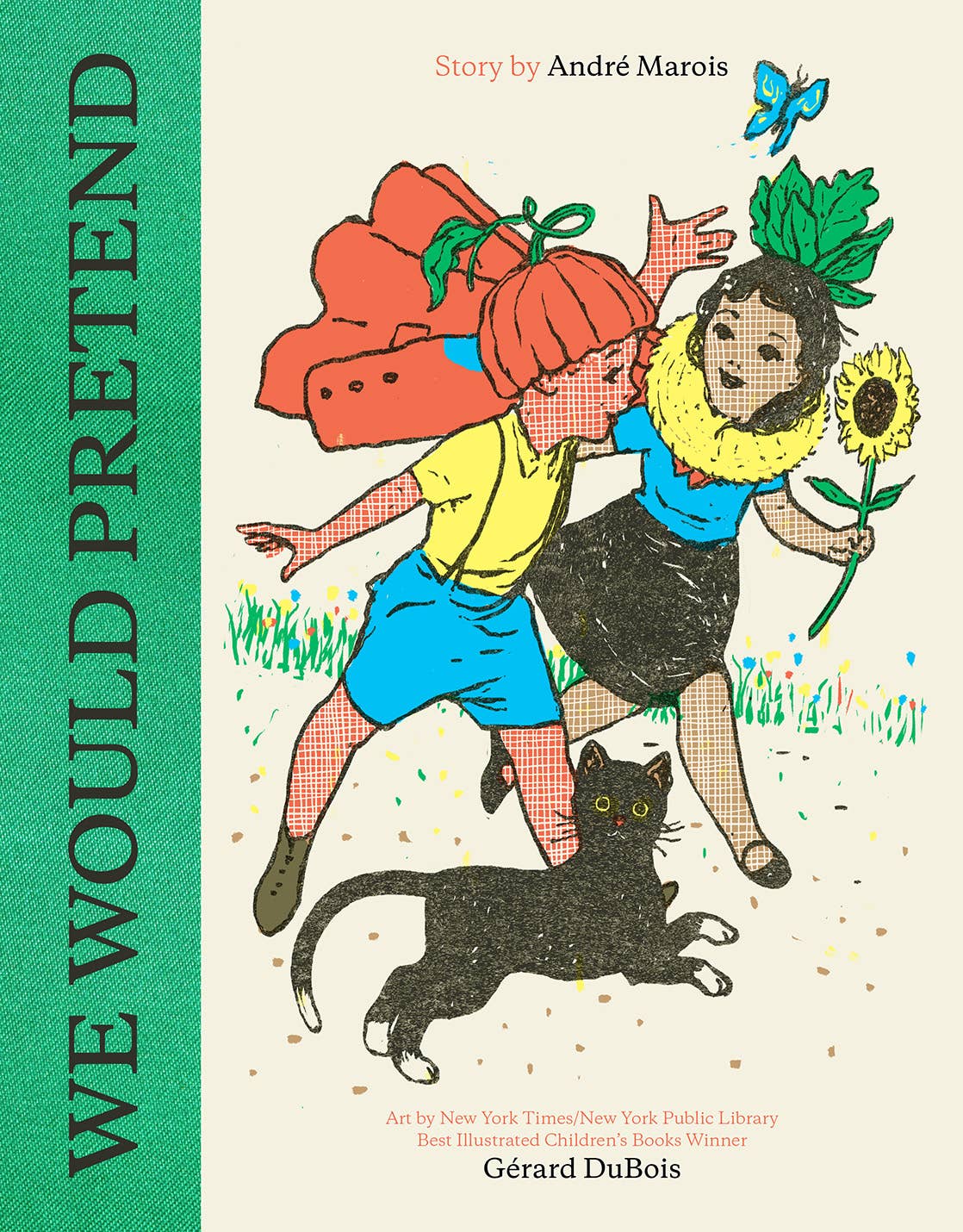 Book cover of 'We Would Pretend' with illustrations of two children and a cat.