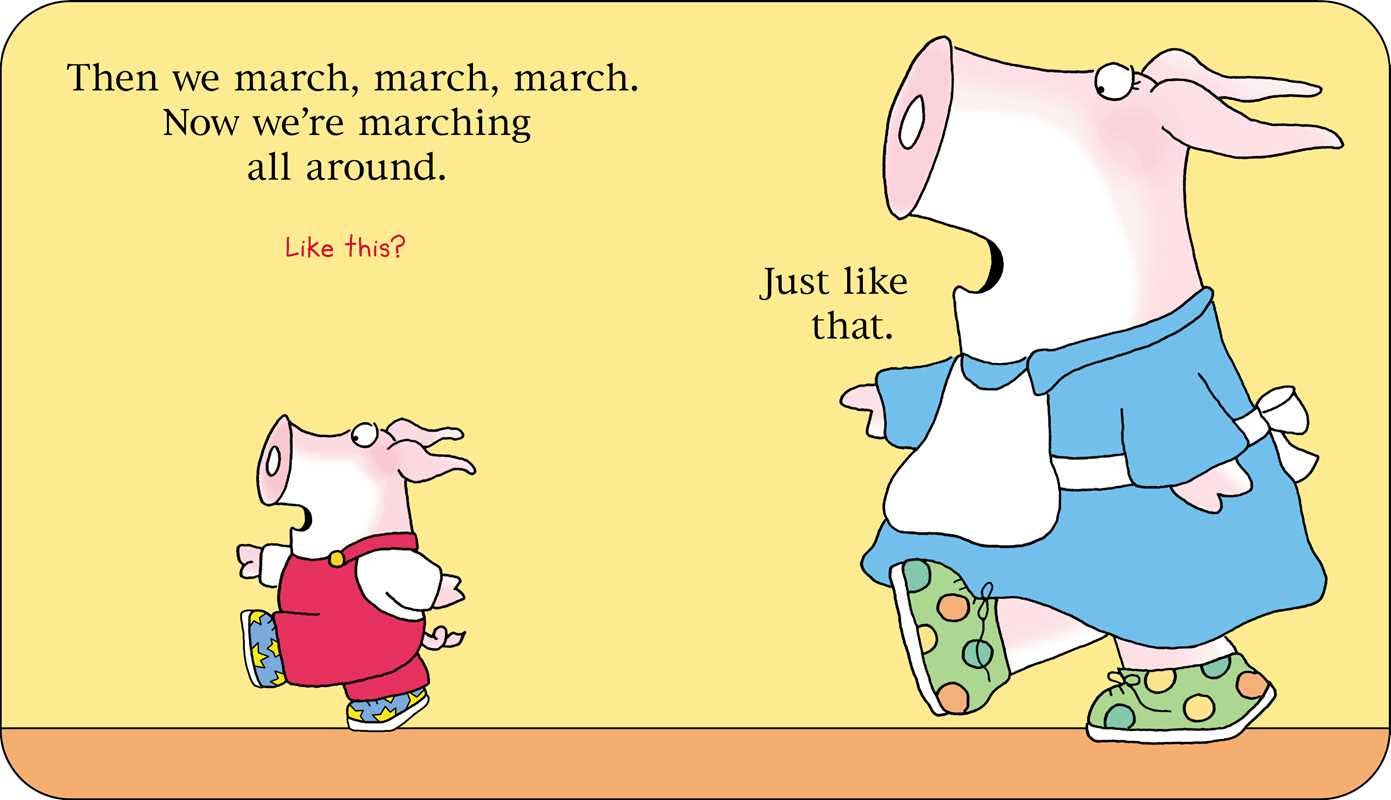 Illustration of two cartoon pigs marching, with text on a yellow background