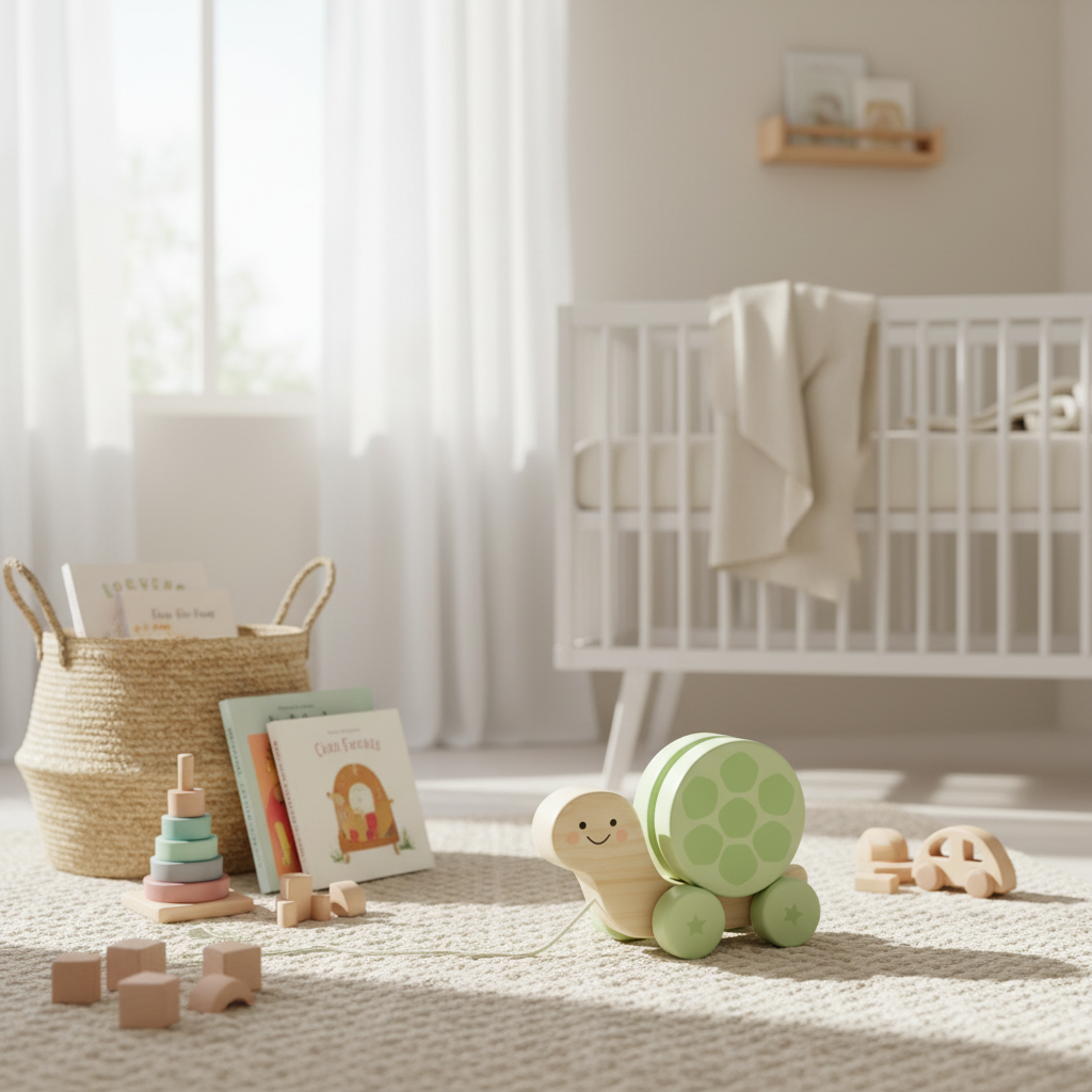 Nursery room with a crib, toys, and books on a light-colored rug.