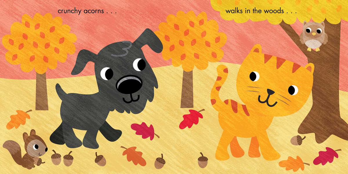 A cartoon dog and cat take a walk in the woods and see an owl and squirrel.