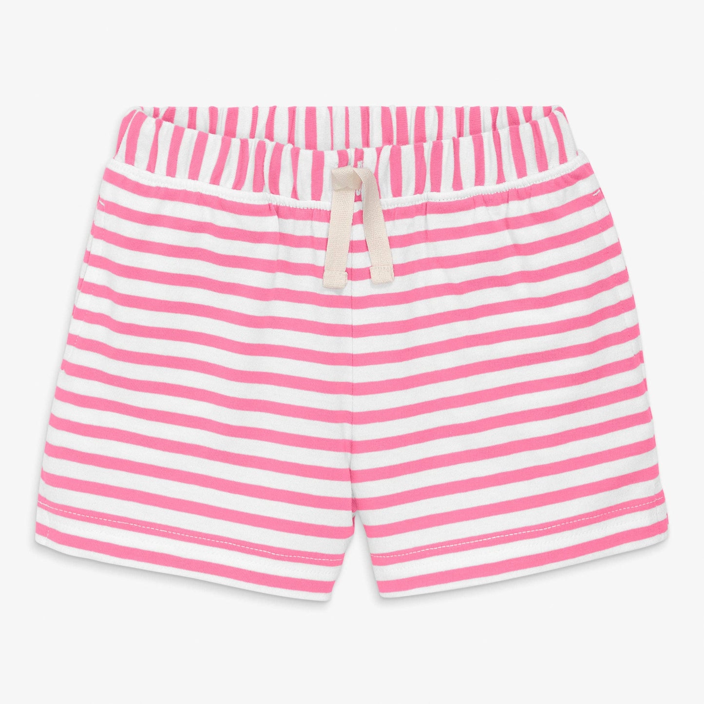 Pink and white striped shorts on a white background