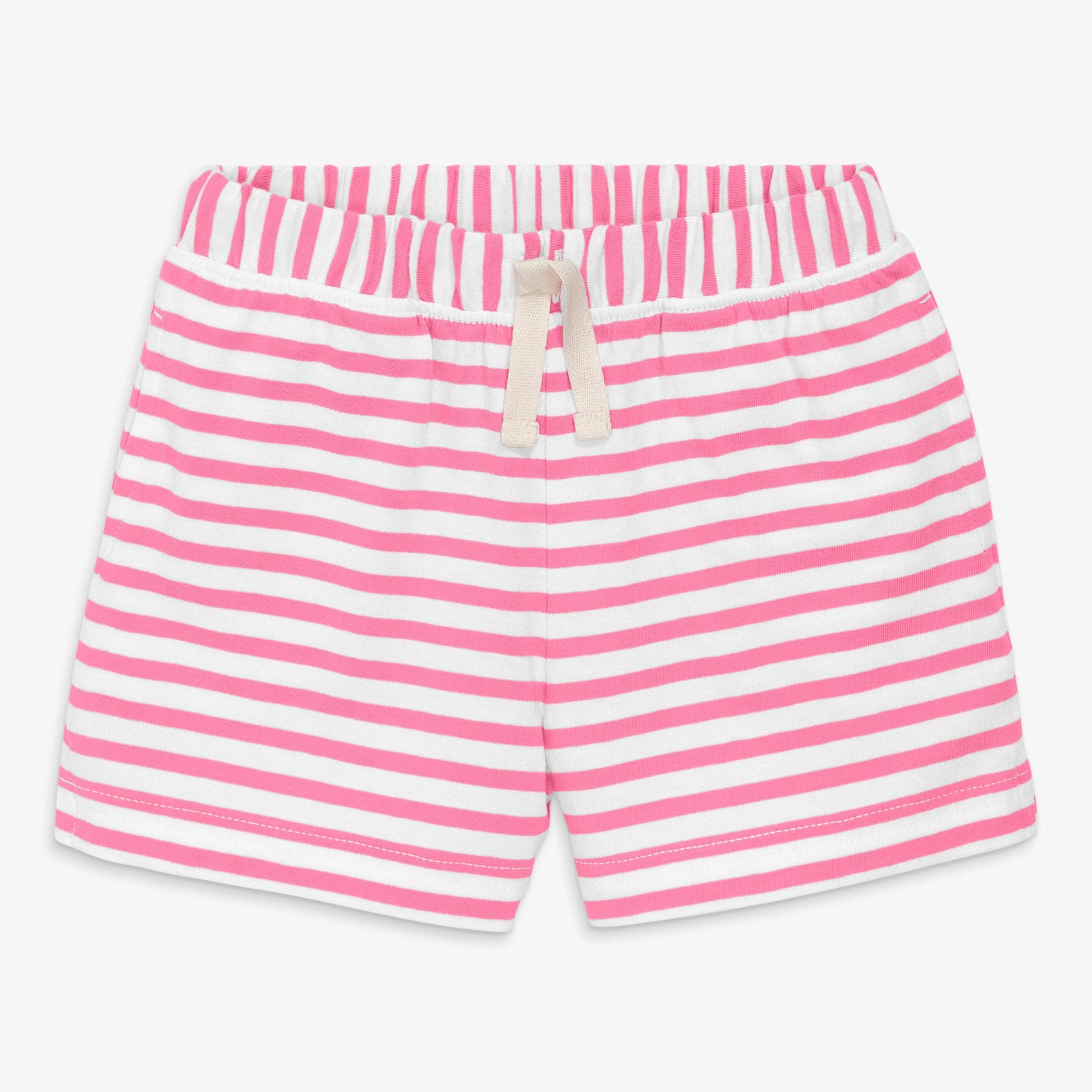 Pink and white striped shorts on a white background