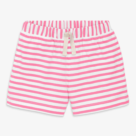 Pink and white striped shorts on a white background
