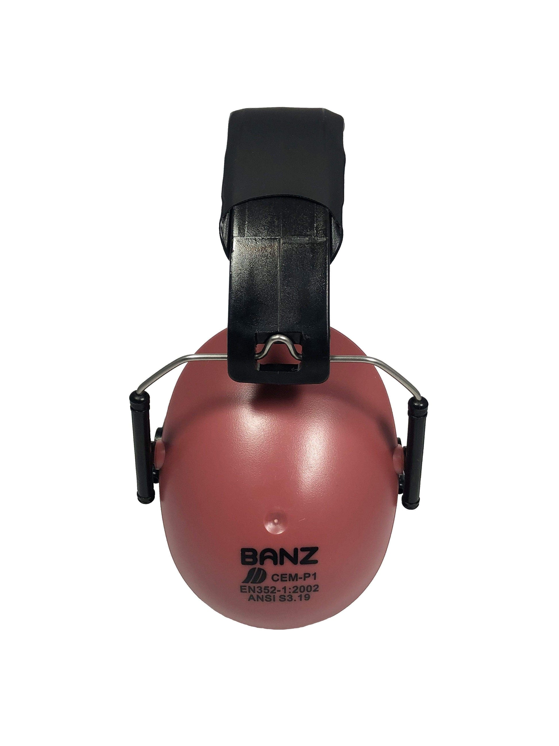Maroon ear defender with black clip on a white background
