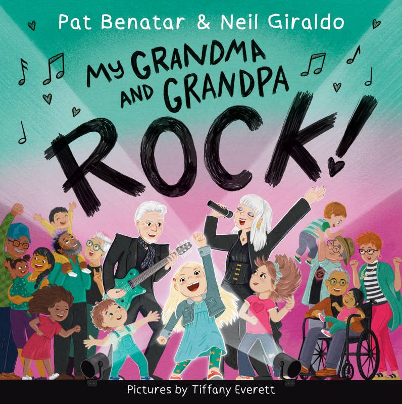 Book cover of 'My Grandma and Grandpa Rock!' featuring characters and text on a colorful background.