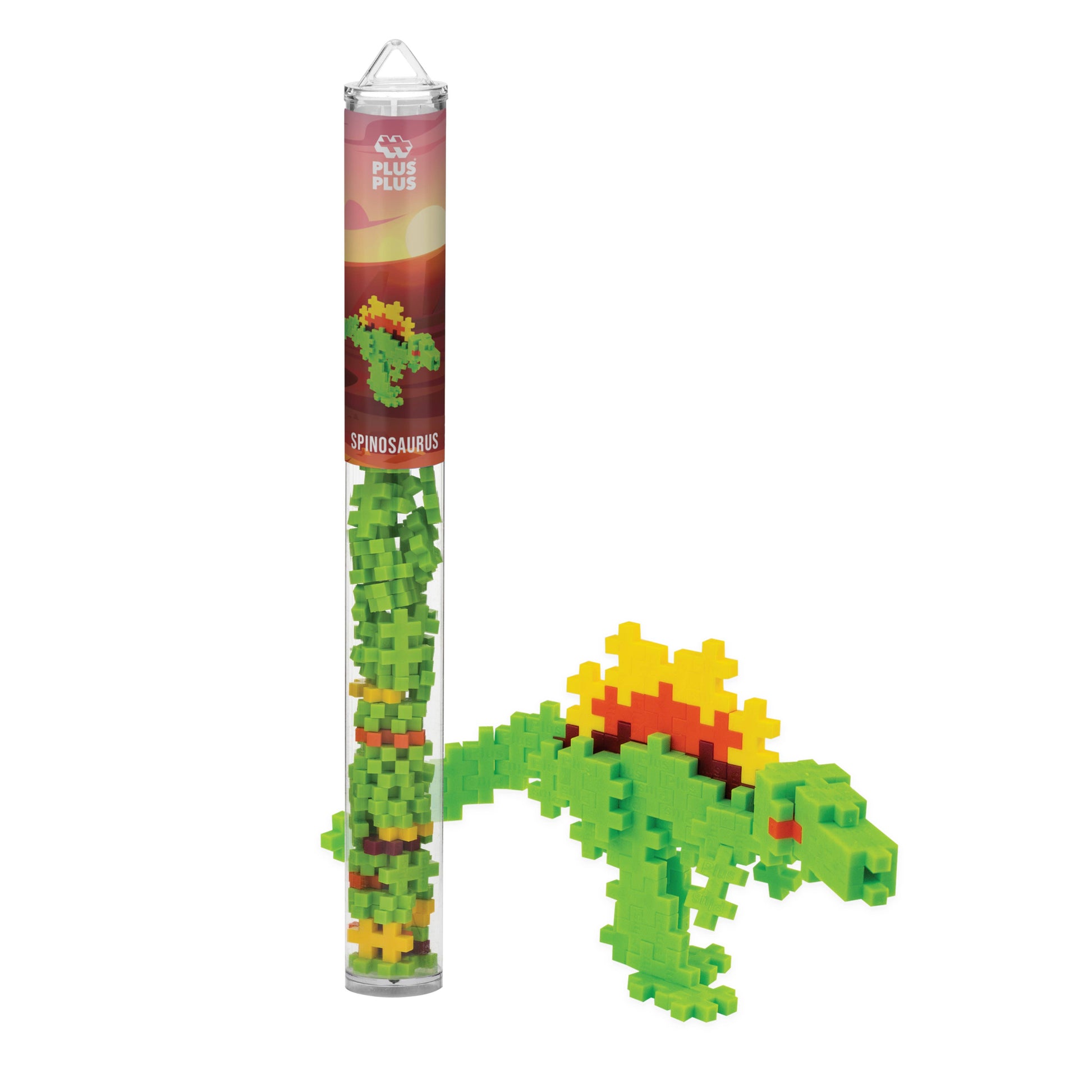 Toy building block set in the shape of a dinosaur with a clear tube packaging on a white background