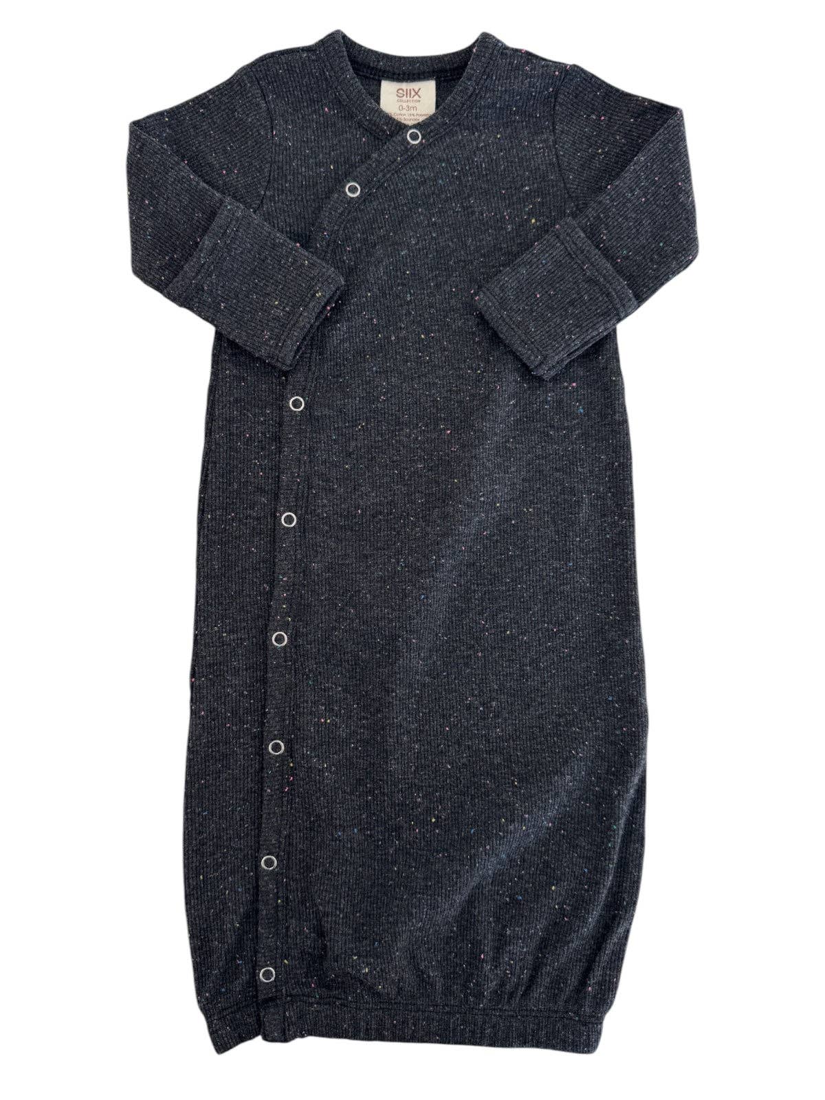 Dark gray baby gown with buttons on a white background