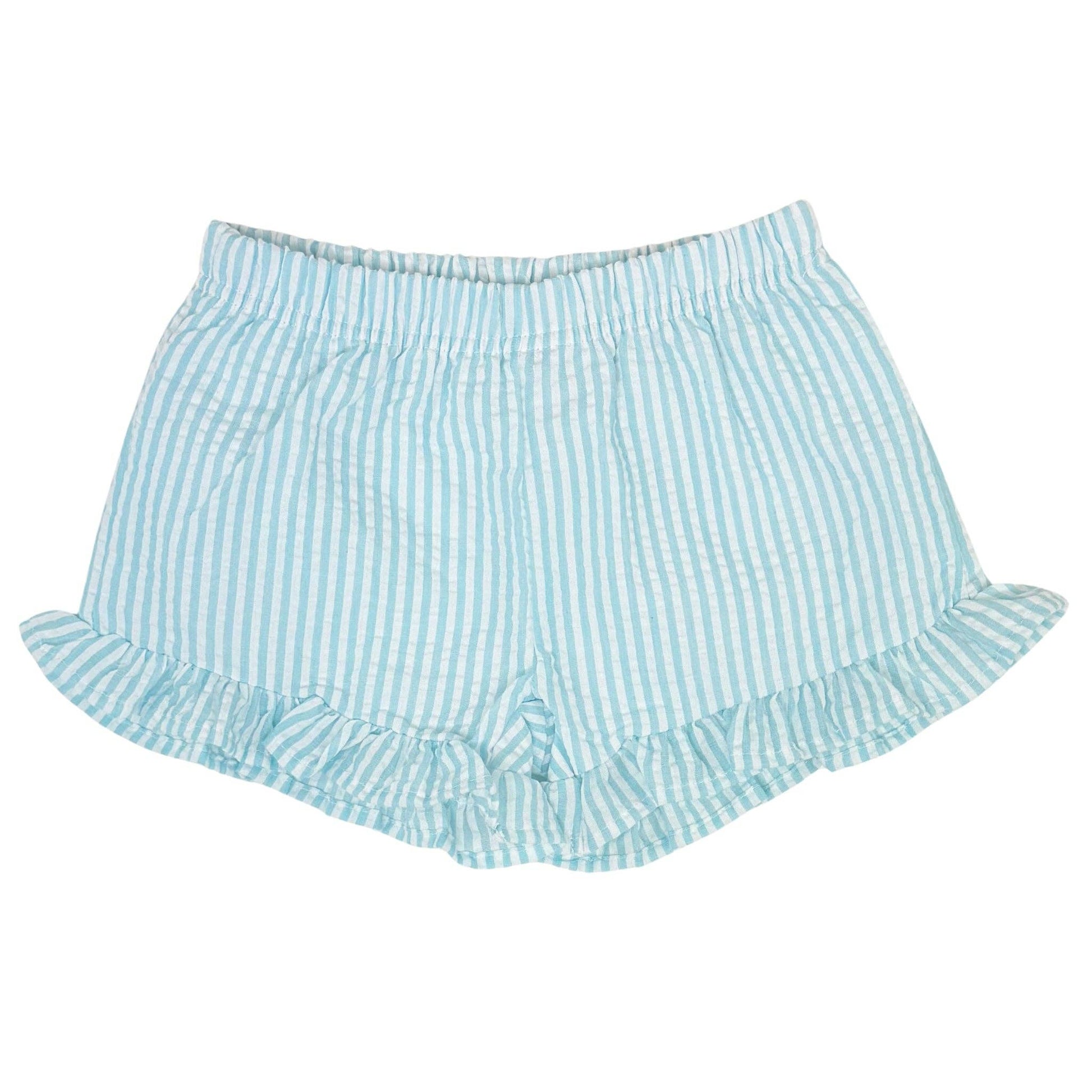Light blue and white striped shorts with ruffled edges on a white background