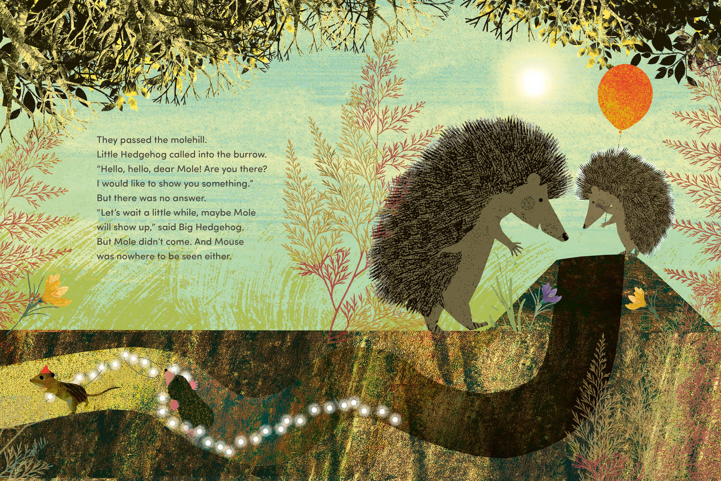 Illustration of two hedgehogs by a burrow with a sunset in the background