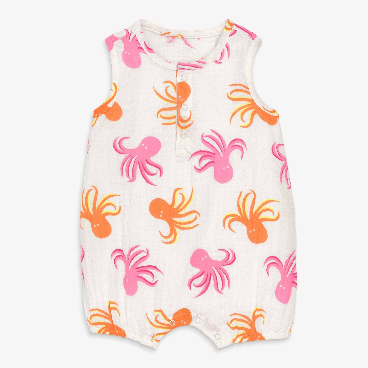 Children's sleeveless romper with pink and orange octopus pattern on a white background