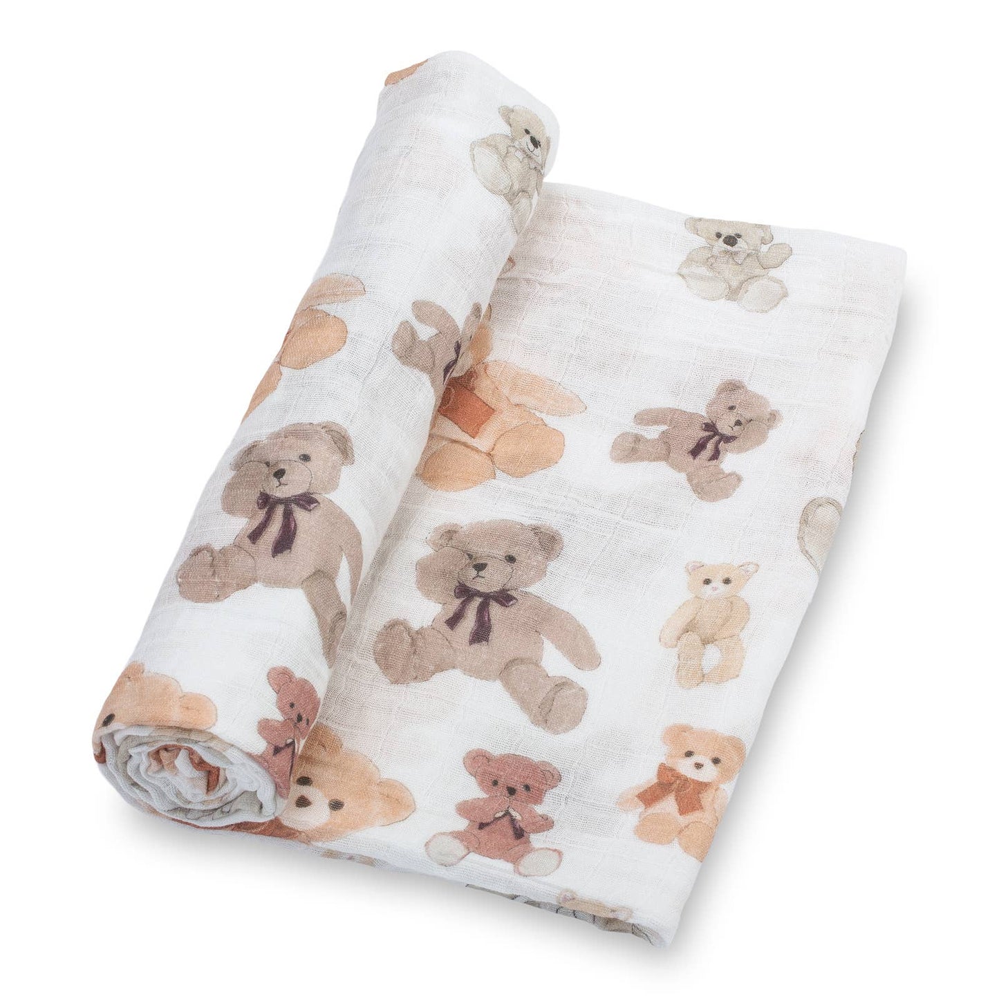 Rolled-up cotton baby swaddle blanket with teddy bear pattern on a white background