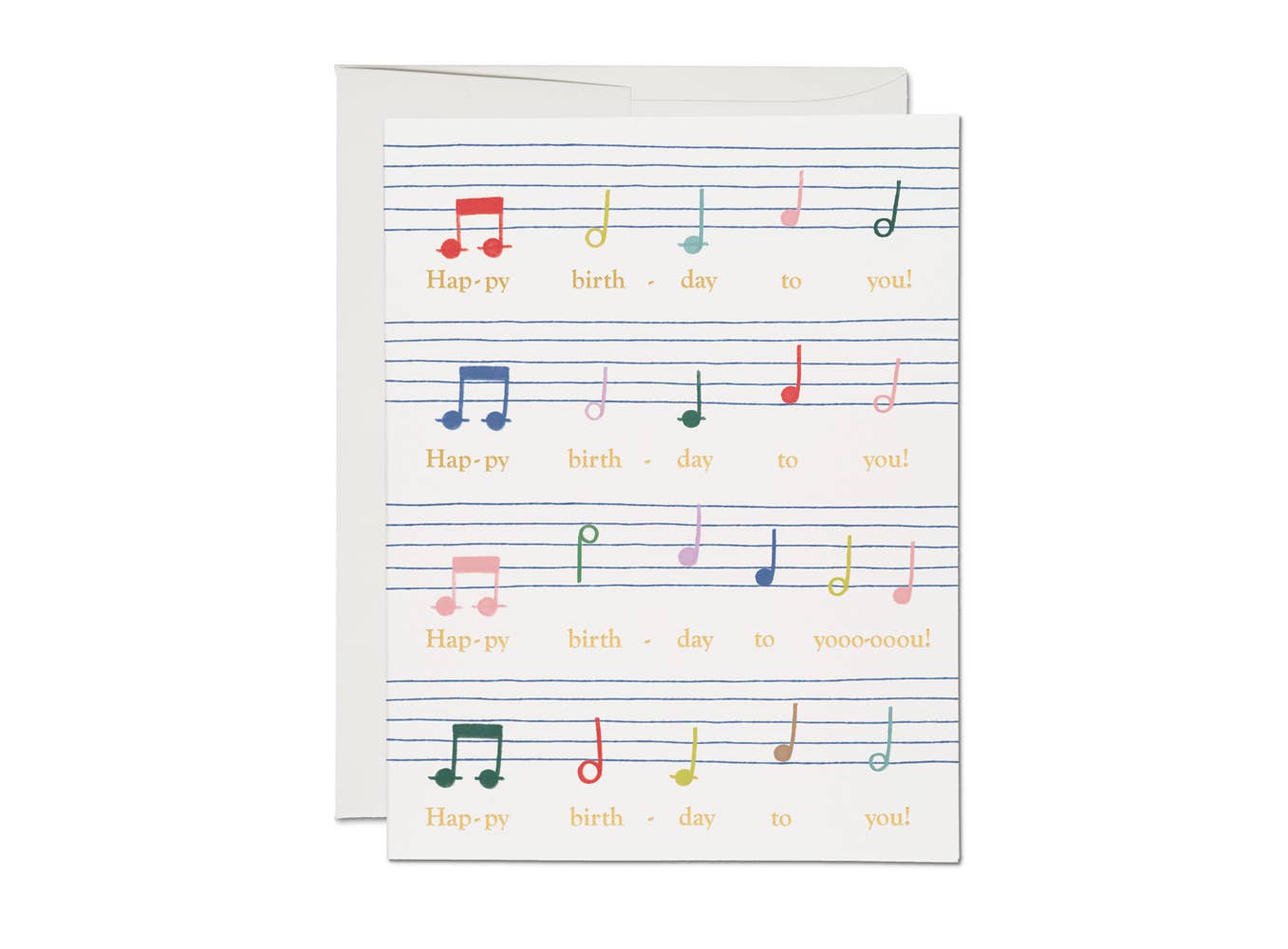 Greeting card with musical notes and 'Happy Birthday' text on a white background