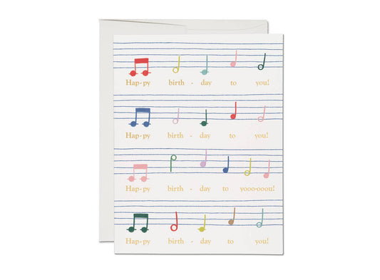 Greeting card with musical notes and 'Happy Birthday' text on a white background