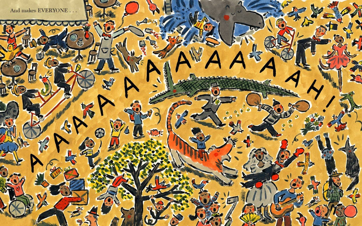 A dense, colorful cartoon illustration on a yellow background with the text 'AAAAAAAAH!'