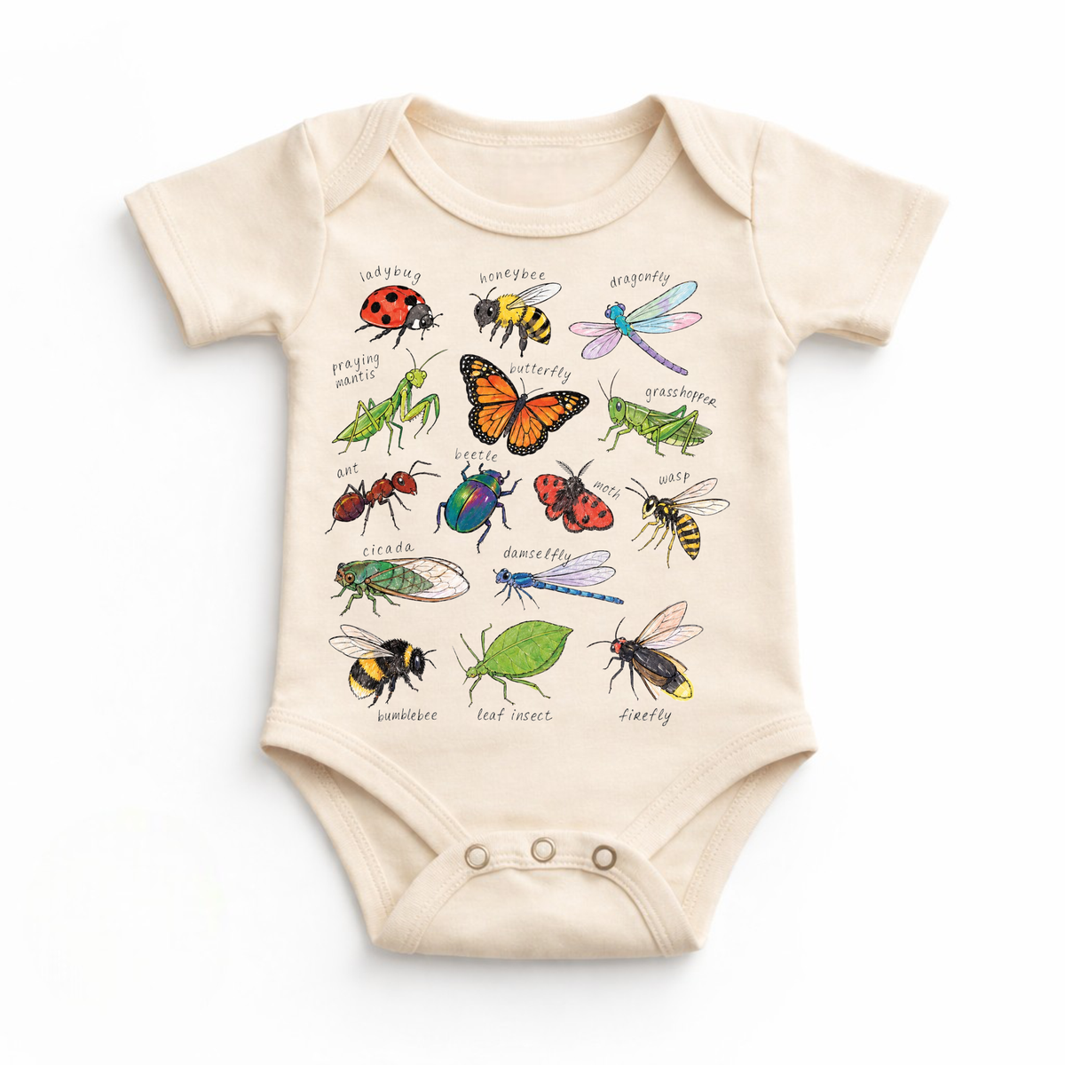 Beige baby onesie with colorful insect illustrations on a white background