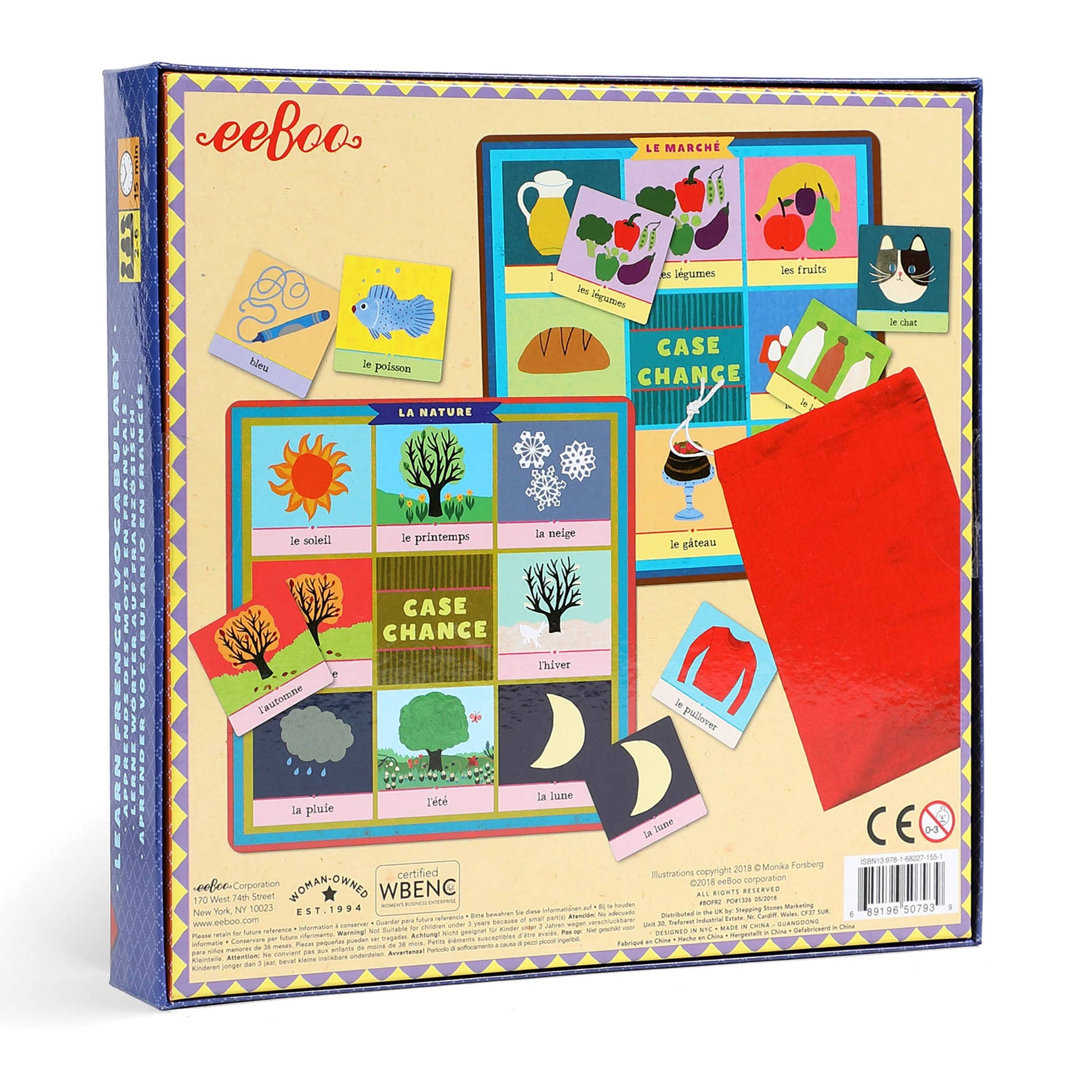 The product packaging for the French learning board game 'eeboo' by Wbenc, showing the colorful game board, cards on a white background.