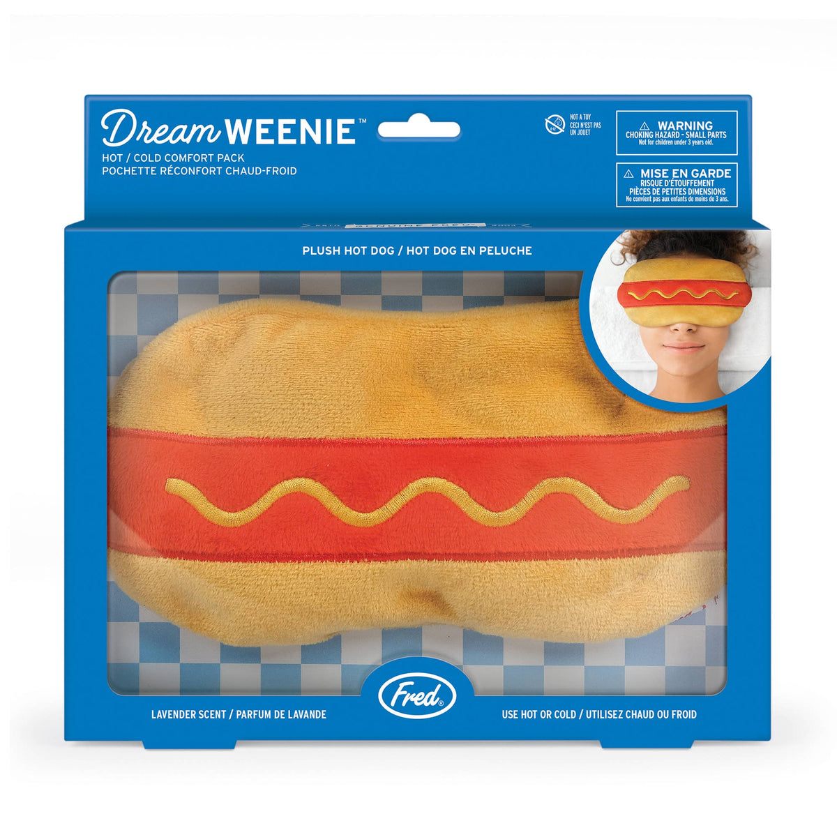 Dream Weenie plush hot dog mask in packaging with blue lid and clear front