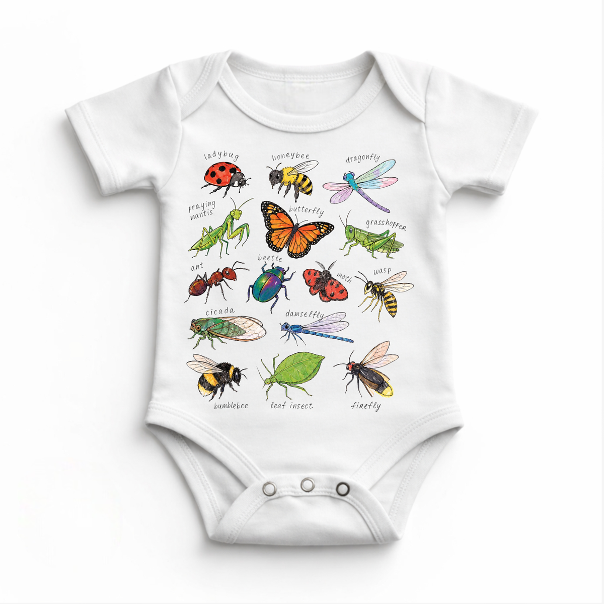 White baby onesie with colorful illustrations of insects on a white background