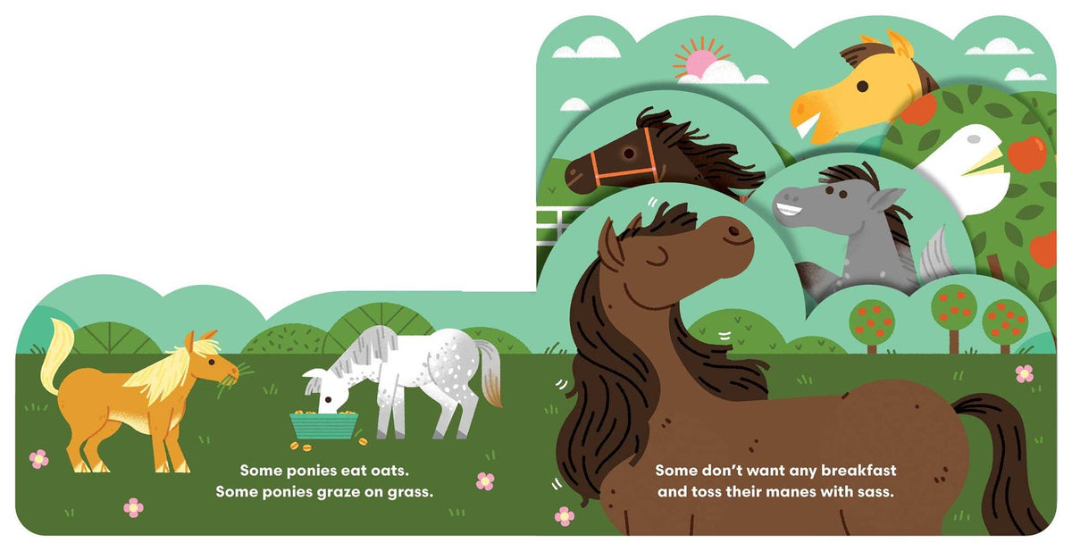 Illustrated book page with ponies in a field, featuring text about ponies eating oats and interacting.