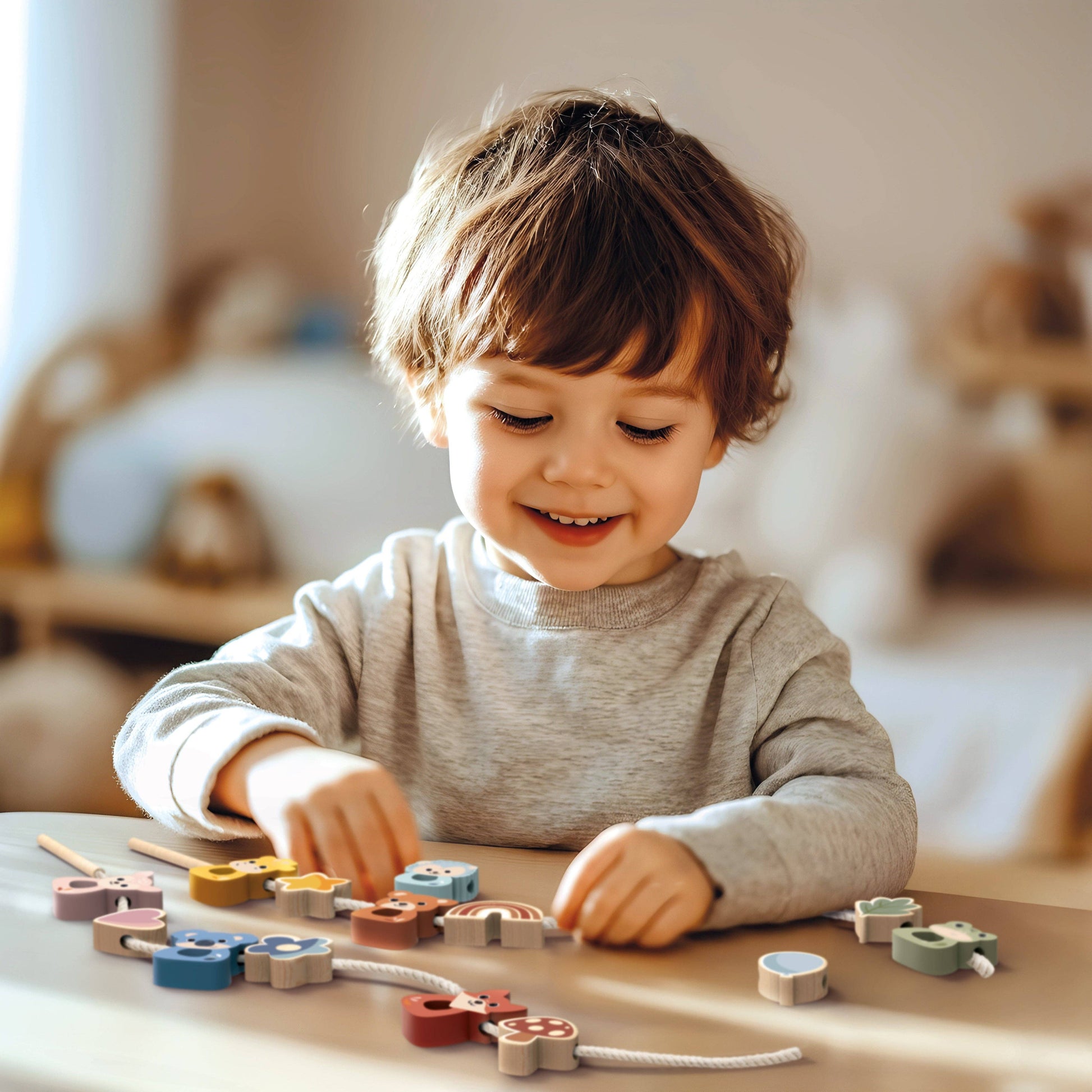 Child playing with colorful wooden toys at a table