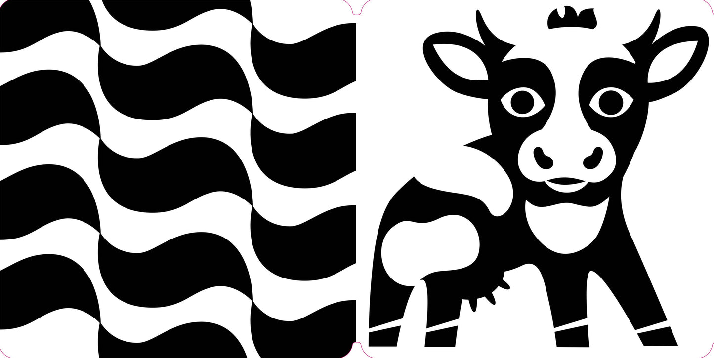 Black and white cow illustration on a wavy patterned background