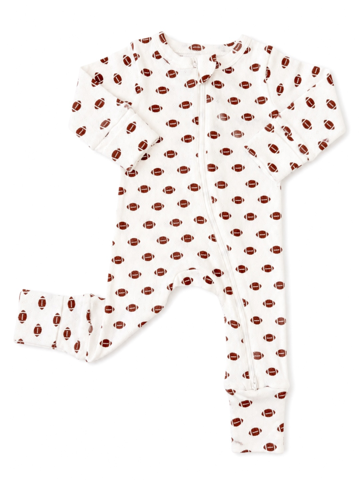 White baby onesie with brown football pattern on a white background