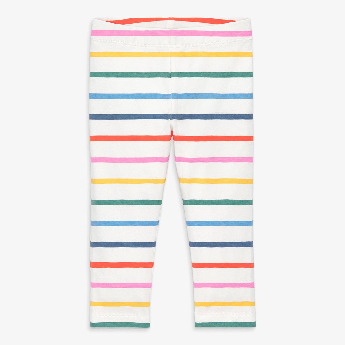 White children's leggings with a horizontal rainbow stripe pattern, featuring a solid orange-red elastic waistband, shown flat against a light gray background.