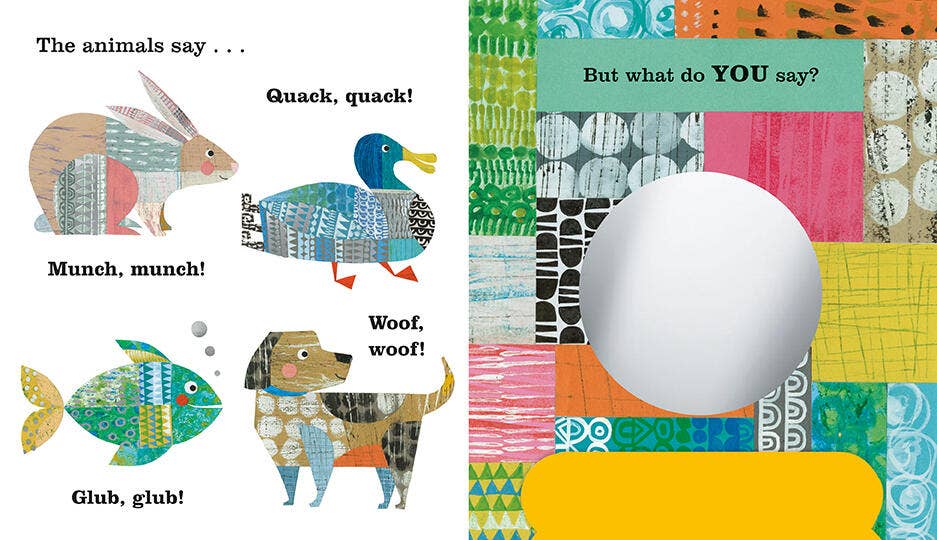 Children's book page with animal illustrations and a colorful patterned background.