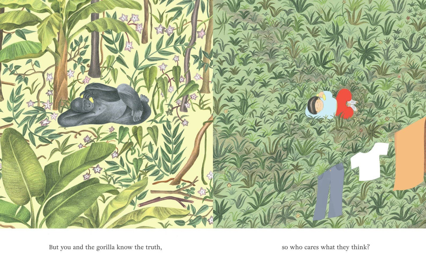 Illustration of a gorilla and a person in a jungle setting with text.