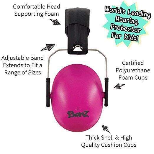 Pink hearing protector with features labeled on a white background