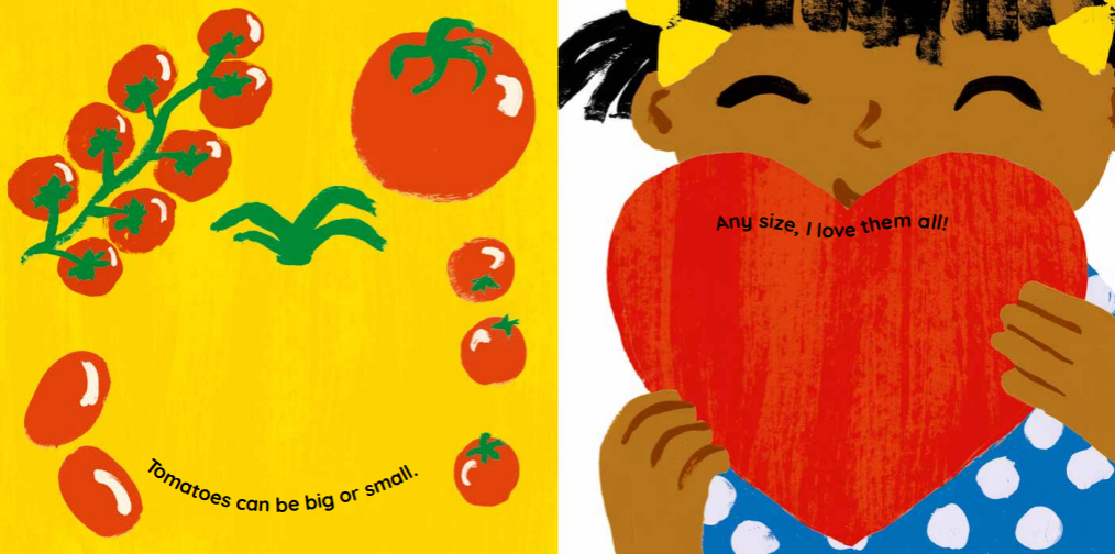 Illustration of a child holding a heart with text and tomatoes on a yellow background