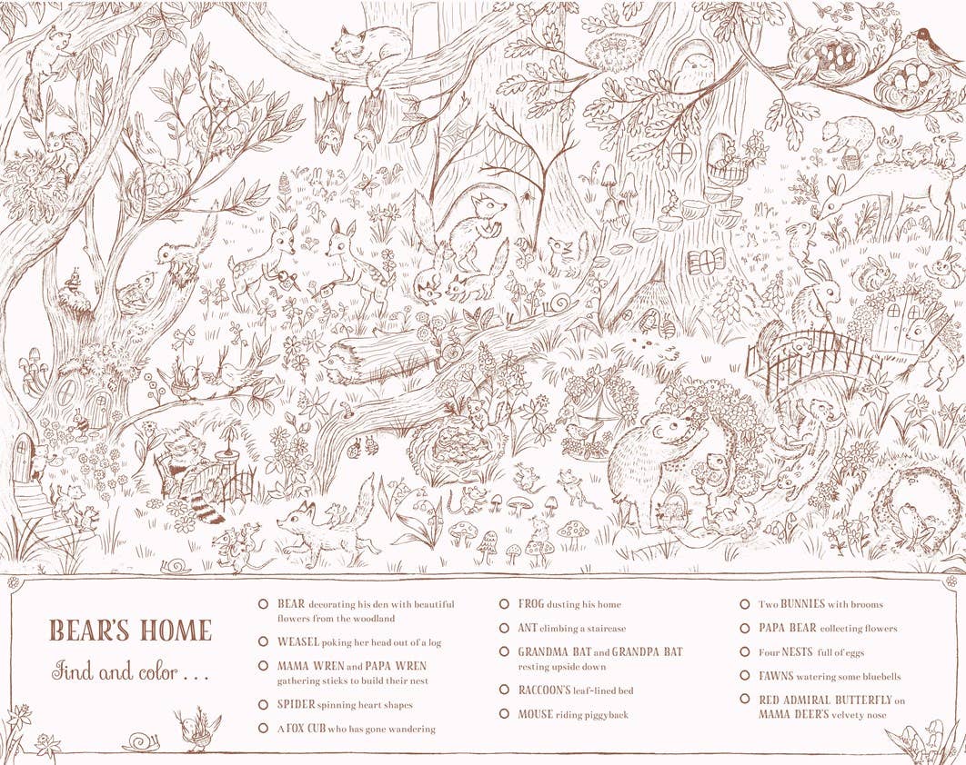 Illustrated coloring page with various animals and objects, featuring a bear's home theme.