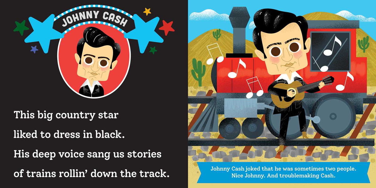 Illustration of Johnny Cash with a train and text about his style and music.