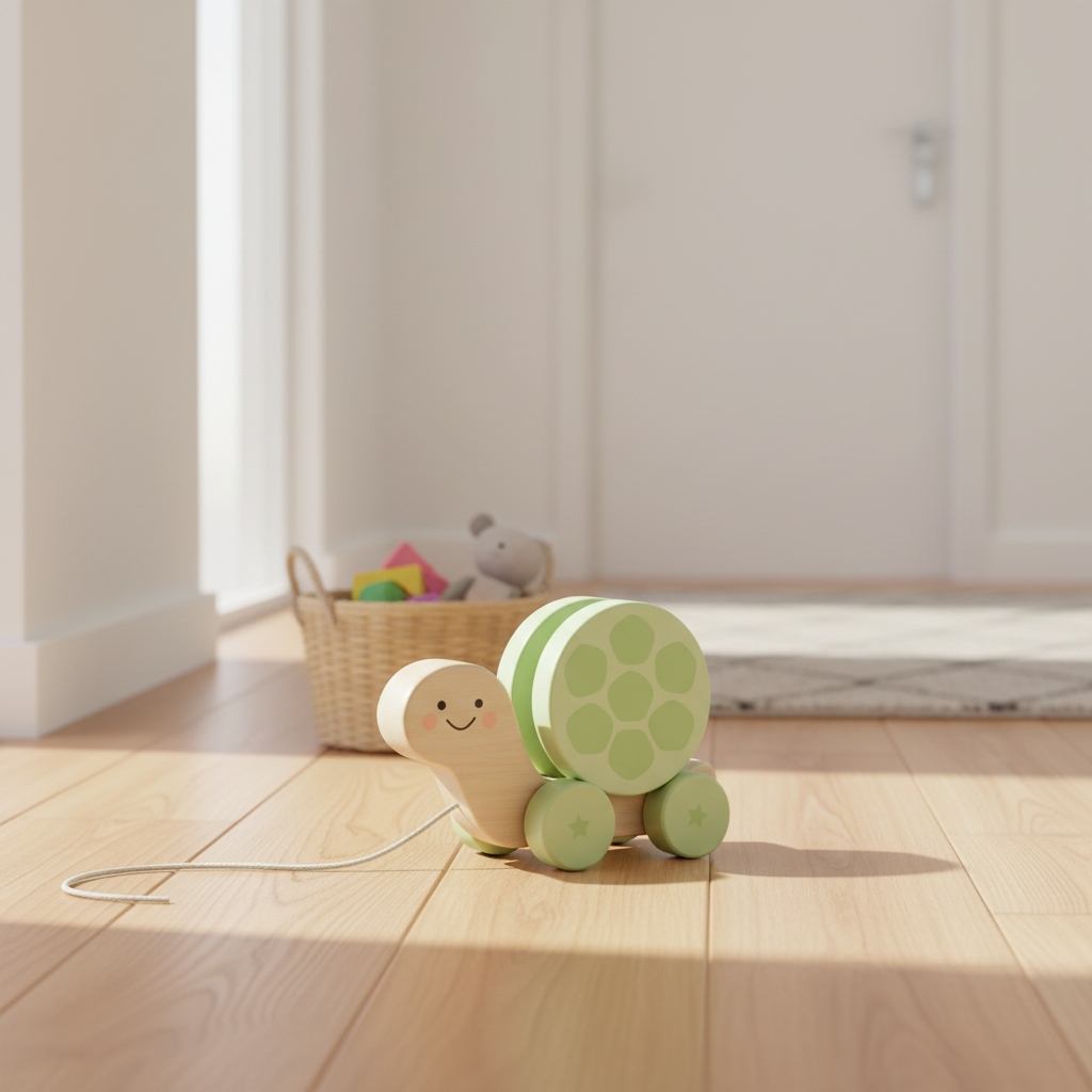 Green and beige toy turtle on a wooden floor with a basket of toys in the background.