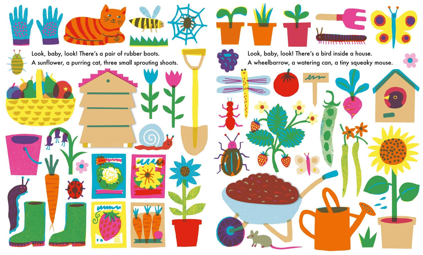 Colorful children's illustration with various gardening elements and objects.