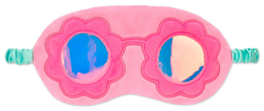 Pink sunglasses style eye mask with blue lenses on a white background 