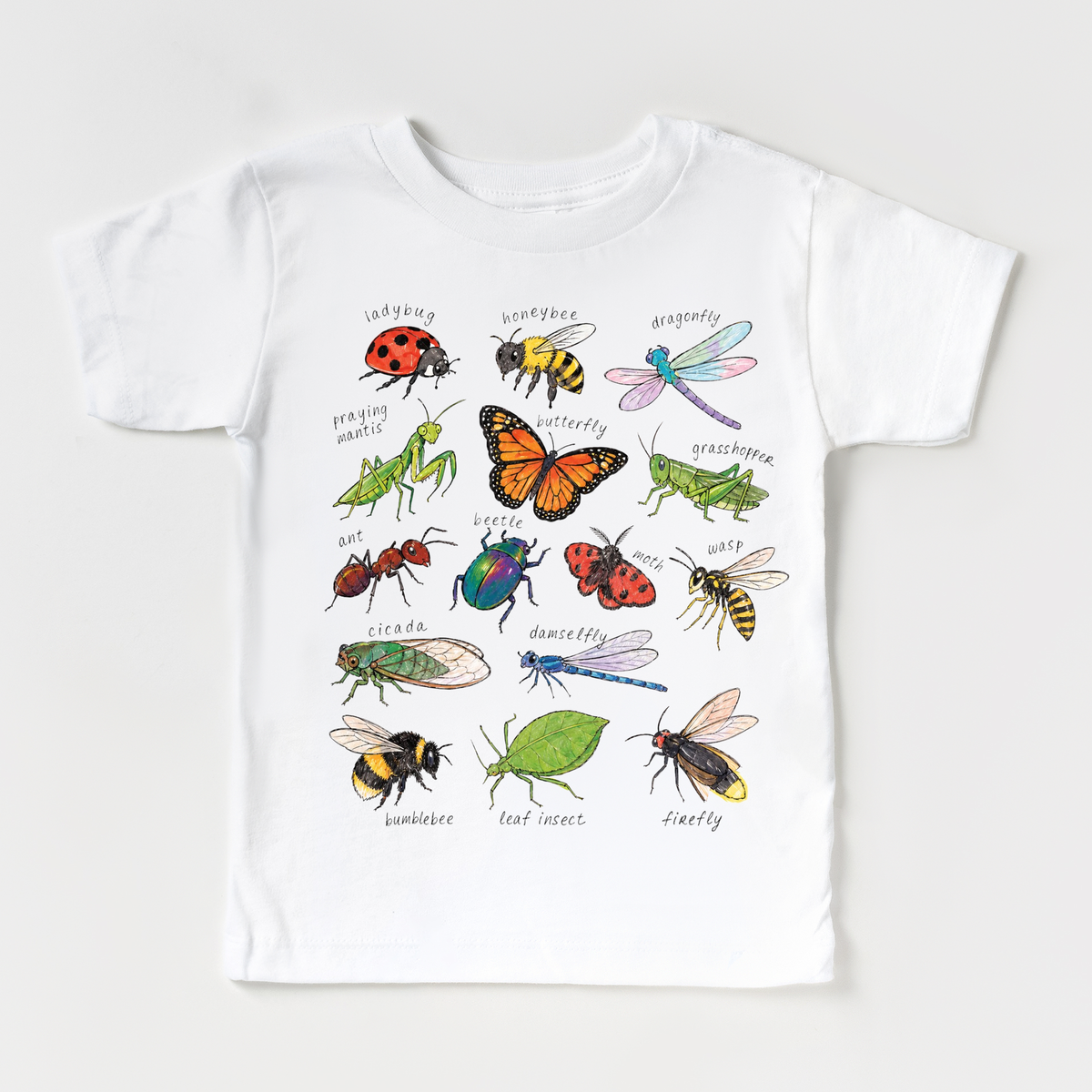 A white short-sleeve baby t-shirt featuring a colorful graphic print of various insects, including a ladybug, butterfly, dragonfly, ant, beetle, grasshopper, and bee, each labeled with its name.