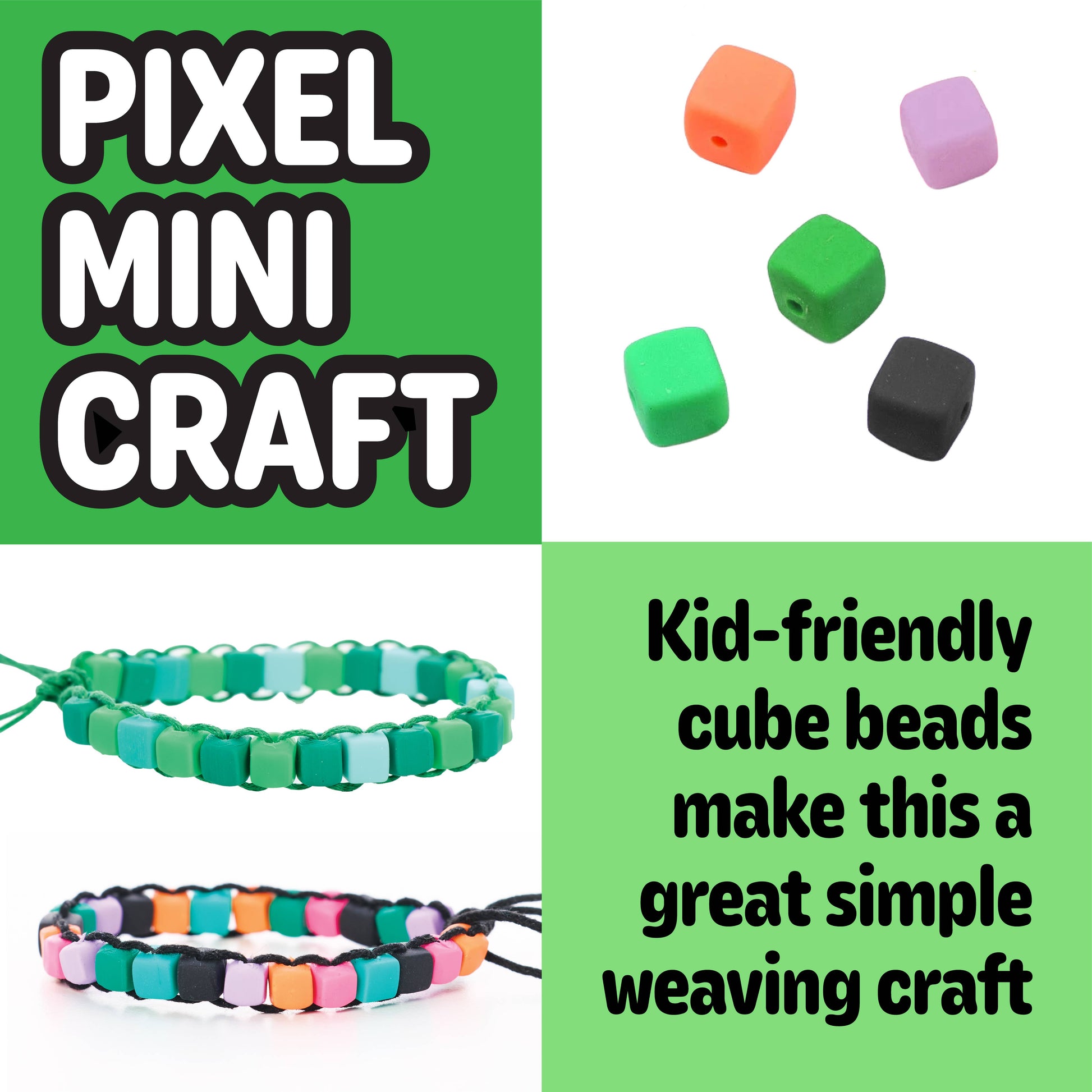 Pixel mini craft with colorful cube beads and woven bracelets on a green background