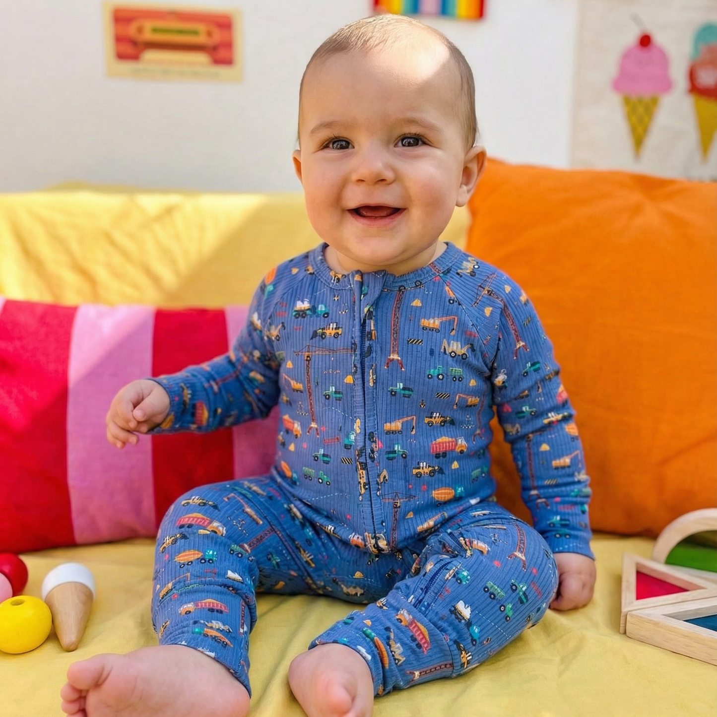Baby wearing a blue onesie with colorful patterns, sitting on a colorful couch.