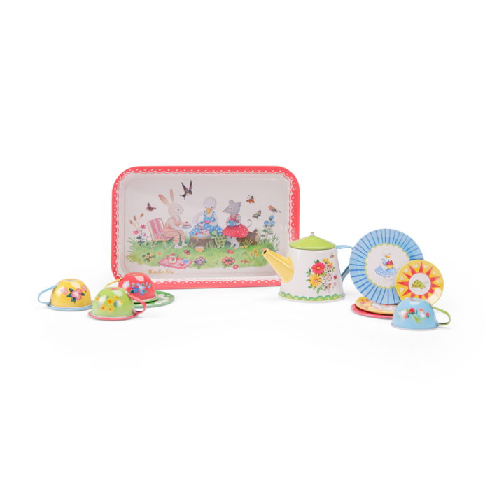 Children's tea set with a tray featuring a garden scene on a white background
