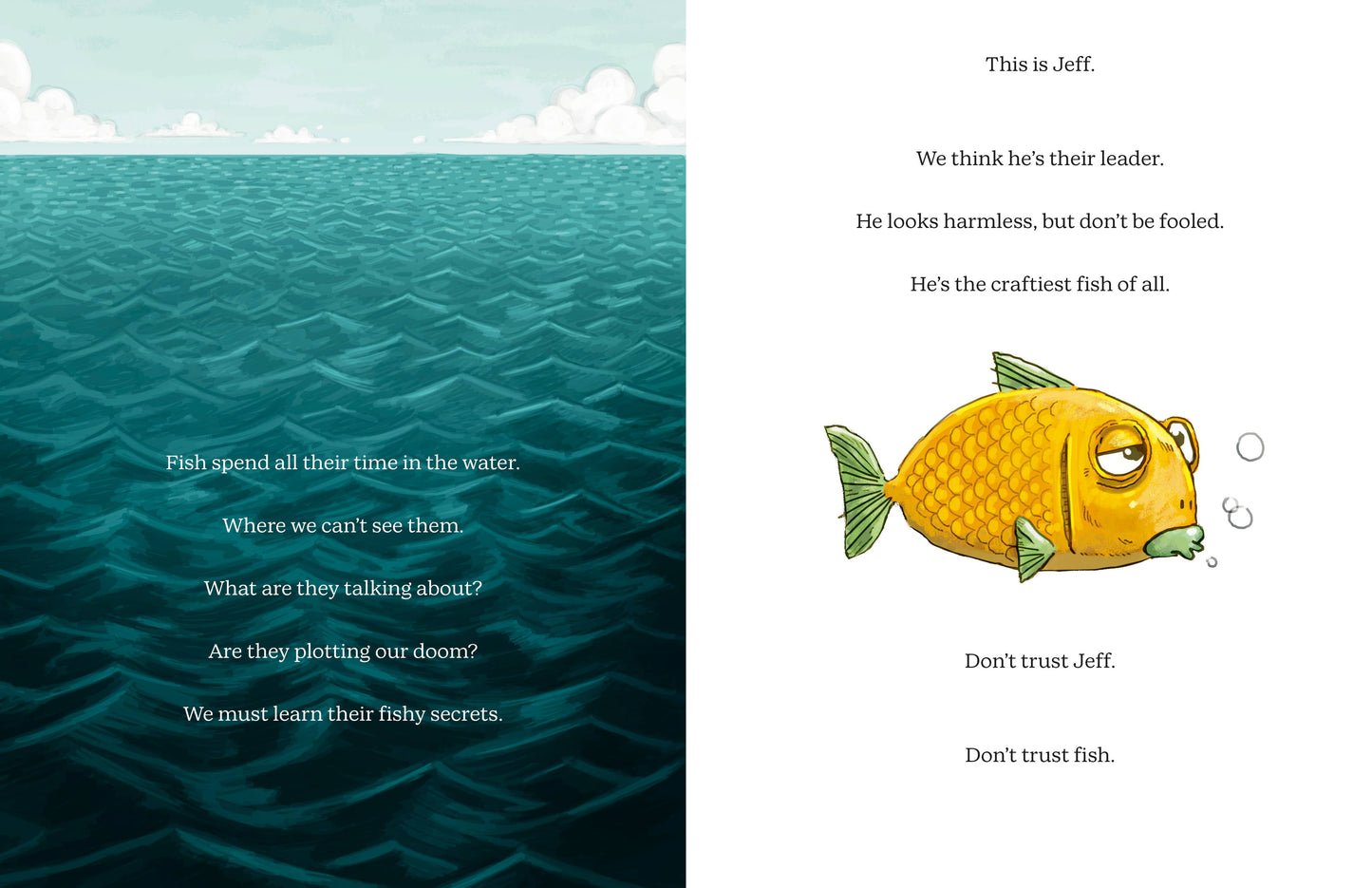 Illustration of a yellow fish with text on an underwater scene
